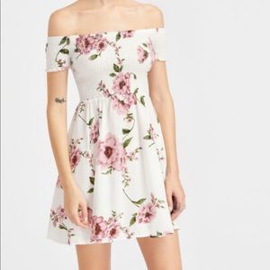 White and pink floral off the shoulder dress